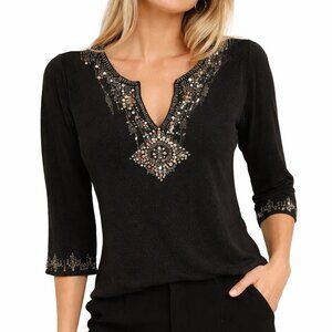 Sara & Lily | Women's Black Sequin Beaded Party Top Large